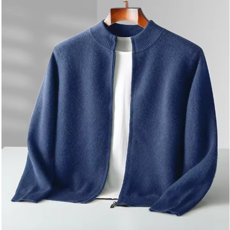 100% Merino Wool Knitwear Thick Soft Clothing,  Autumn Winter Men's Woo Cardigan Zippers Mock Neck Long Sleeve Cashmere Sweater